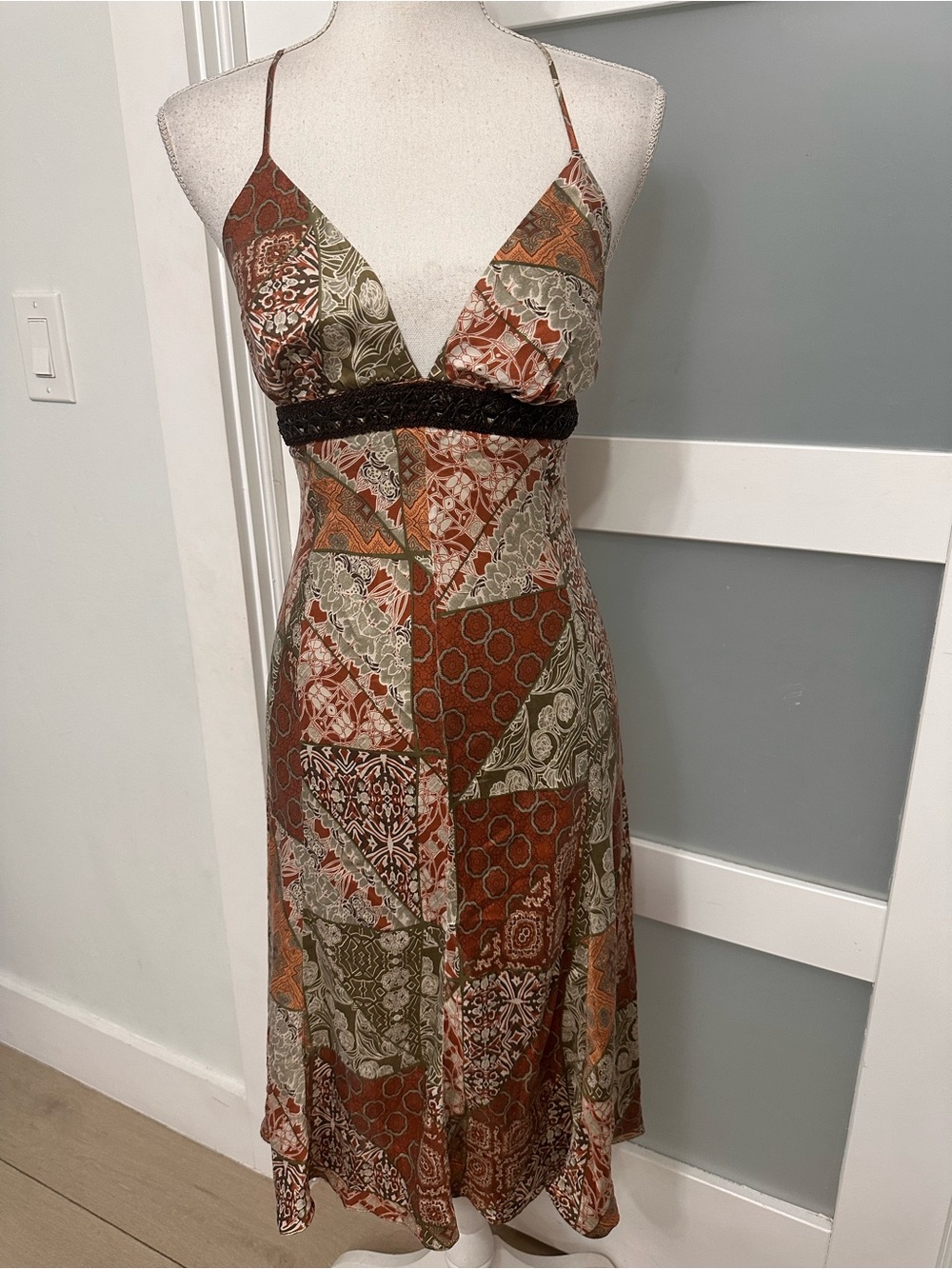 Vtg Heart Moon Stars Y2K Patchwork Babydoll Silk Slip Dress Small Boho Festival